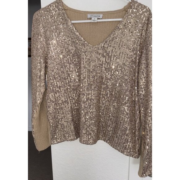 Calligraphie JR. Gold Sequined Long Sleeve Holiday Sweater Shirt GLAM Size SM - Picture 1 of 7